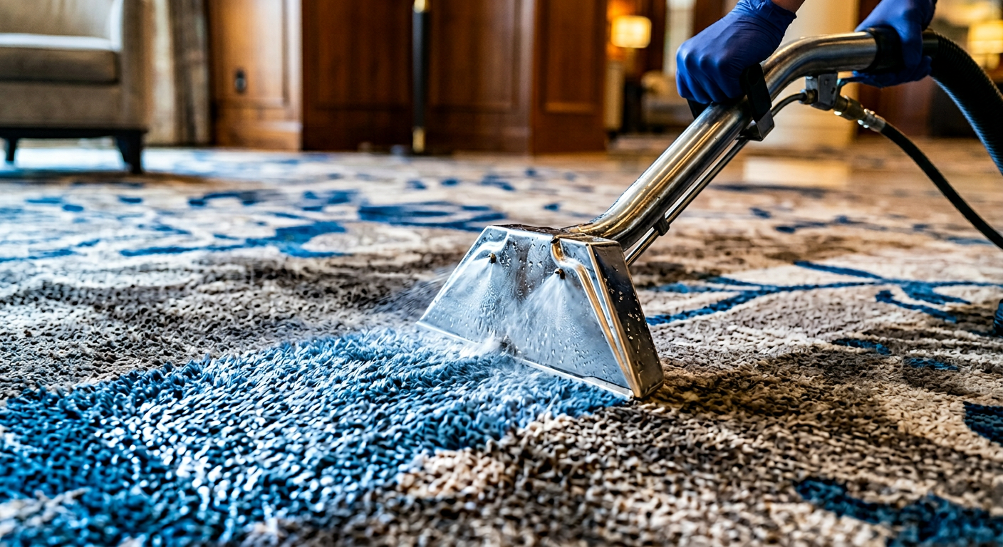 Professional carpet extraction leaving a cleaner stripe